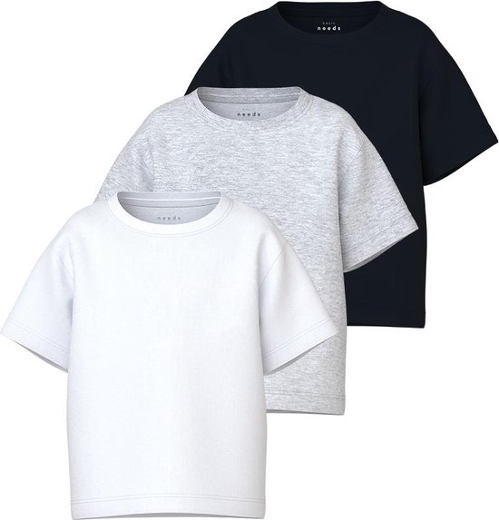 NAME IT NMMVOBBO 3P SS LOOSE TOP Jongens T-Shirt - BlackPack:Bright White + Light Grey Melange - Maat 104