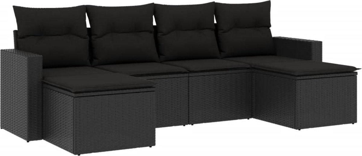 vidaXL 6-delige - Loungeset - met - kussens - poly - rattan - zwart