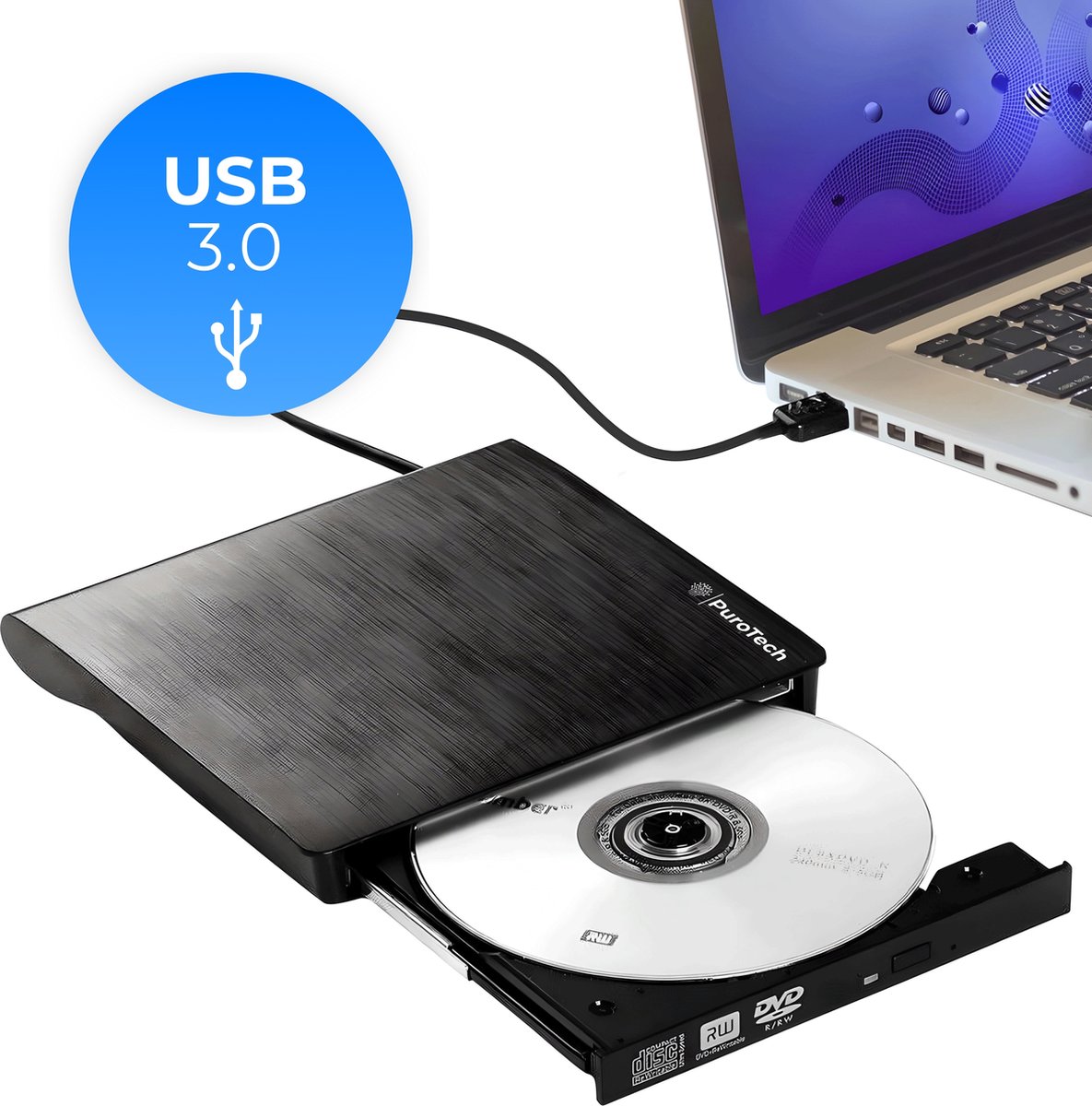 PuroTech - Externe DVD/CD Speler voor Laptop & PC - Brander - Optical Drive - Optische Drive - USB 3.0 Aansluiting - Plug & Play - Windows, MacOS & Linux - PuroTech