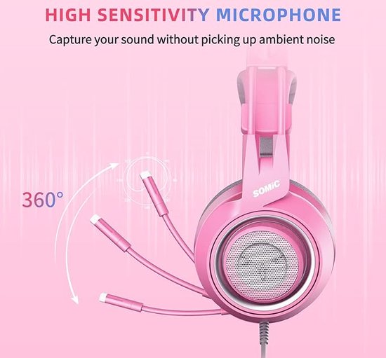 JYPS Leuke gamingheadset met microfoon voor laptop/pc/PS4/PS5/Xbox/Nintendo Switch, 3,5 mm bedrade USB-headset met kattenoren en RGB-verlichting voor kinderen/jongens/meisjes/volwassenen/vrouwen (roze