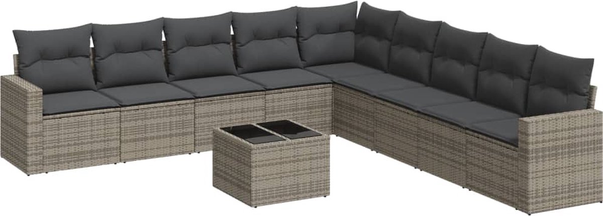 vidaXL 10-delige - Loungeset - met - kussens - poly - rattan - grijs
