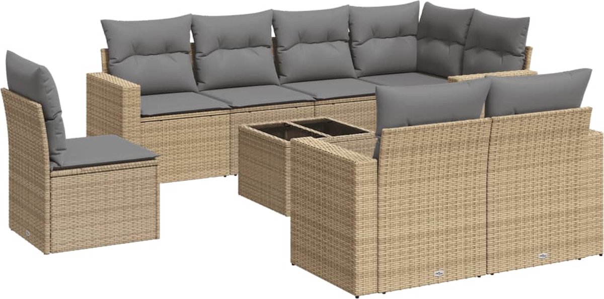 vidaXL 9-delige - Loungeset - met - kussens - poly - rattan - beige