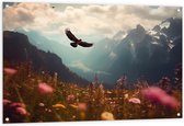 Tuinposter – Adelaar - Vogel - Bergen - Sneeuw - Wolken - Bloemen - 120x80 cm Foto op Tuinposter (wanddecoratie voor buiten en binnen)