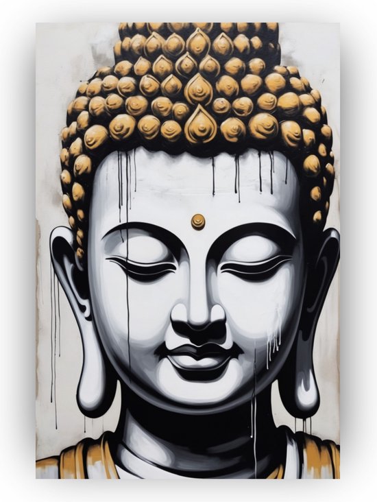Boeddha Banksy stijl - Dripart schilderij op canvas - Schilderij op canvas Banksy - Moderne schilderijen - Canvas schilderij woonkamer - Kantoor accessoires - 100 x 150 cm 18mm