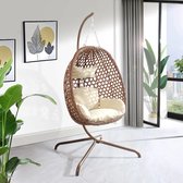 Toosterk XL Hangstoel met standaard opvouwbaar Dubbele Ring Balkon Binnenplaats Egg hangstoel Voor Binnen en Buiten – Met Zitkussen Rugkussen en Nekkussen Zijkussen -Bruin