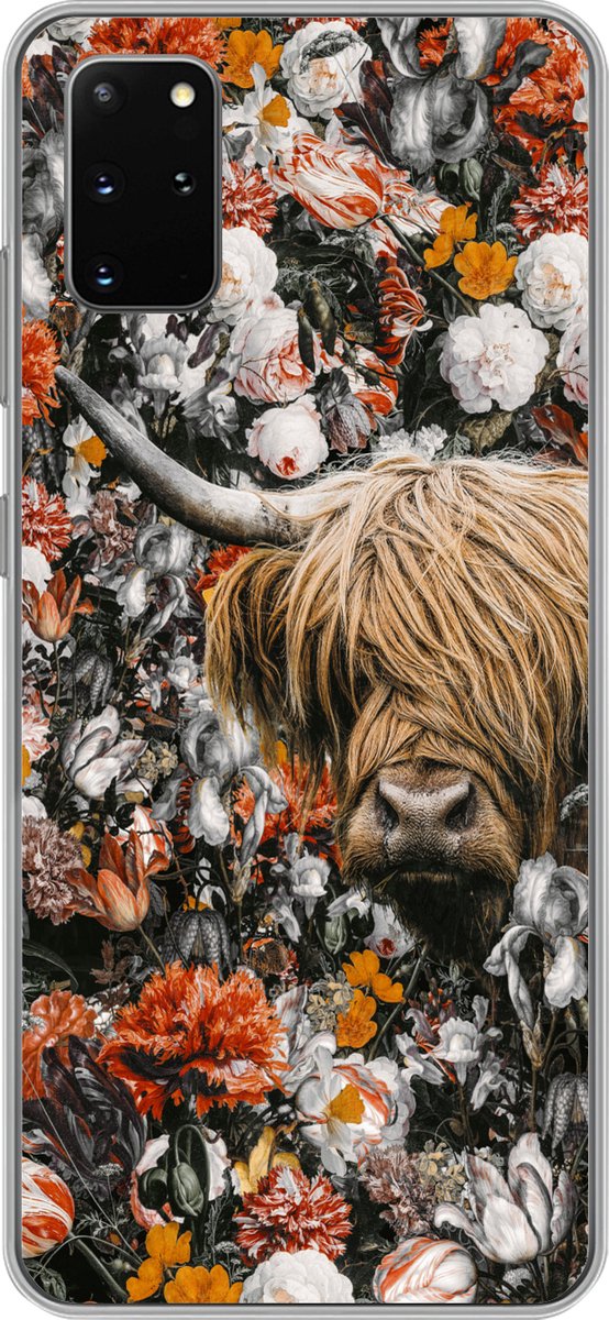 Telefoonhoesje Geschikt voor Samsung Galaxy S20 Plus hoesje - Schotse hooglander - Bloemen - Oranje - Siliconen Telefoonhoesje Telefoonhoesje