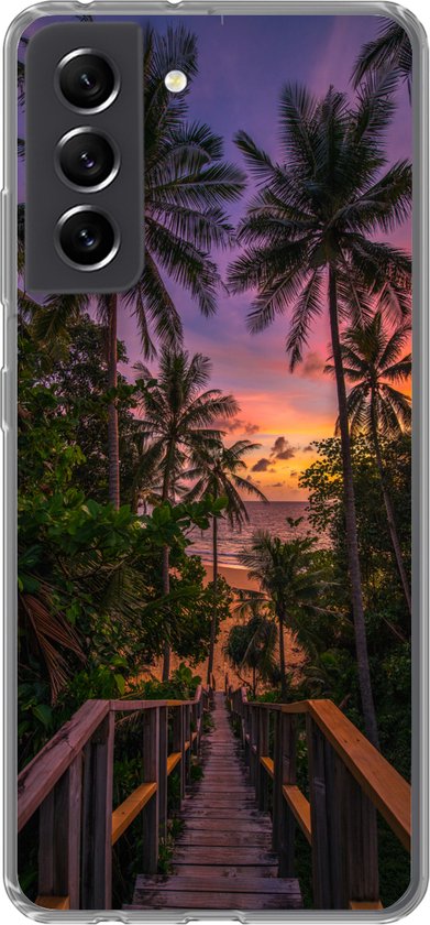 Geschikt voor Samsung Galaxy S21 FE hoesje - Zonsondergang - Palmbomen - Strand - Siliconen Telefoonhoesje
