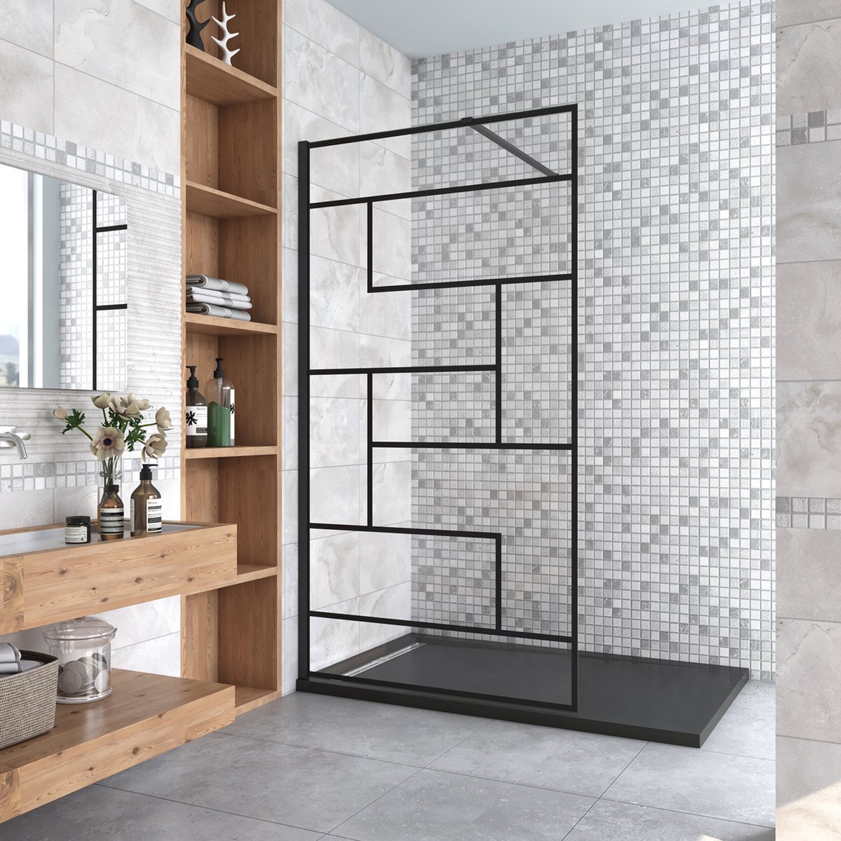 Inloopdouche 140x200cm met zwart decor,8mm Nano EasyClean veiligheidsglas + N-vorm: 140 cm Stabilisatiestang