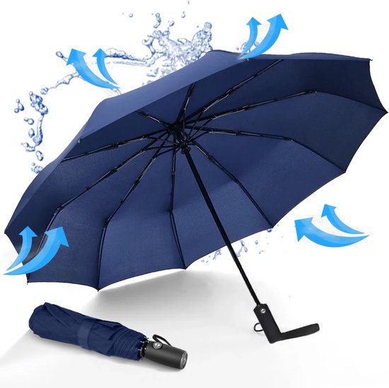 K&L Stormparaplu Opvouwbaar - Stormbestendig tot 100km/u - Automatisch Uitklapbaar Paraplu - Incl. Beschermhoes - Blauw