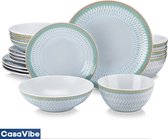 CasaVibe Luxe Serviesset – 16 delig – 4 persoons – Porselein - Bordenset – Dinner platen – Dessertborden - Kommen - Soepborden - Set - Groen - Wit