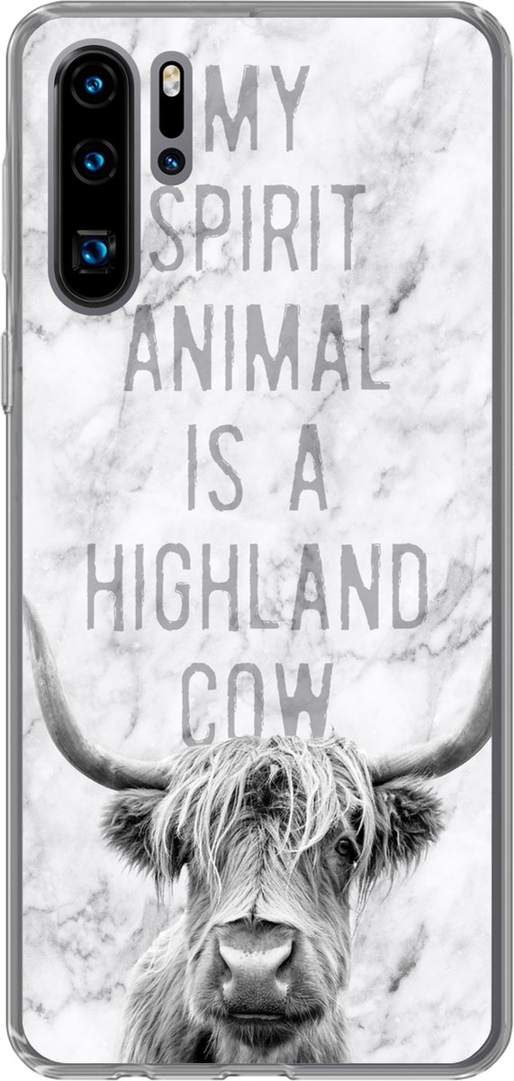 Telefoonhoesje Geschikt voor Huawei P30 Pro hoesje - Schotse hooglander - Marmer print - Quote - Siliconen Telefoonhoesje Telefoonhoesje