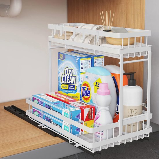 Set Van 2 Lagen Organizer Voor Onder De Gootsteen - Keuken Badkamer Opslagorganisatie Uittrekbare Onderlaag Organizer For Sink