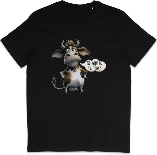 T-shirt noir avec un imprimé de vache comique avec un nœud papillon et une bulle de dialogue : 'SO, WHAT DO YOU THINK ?'.
