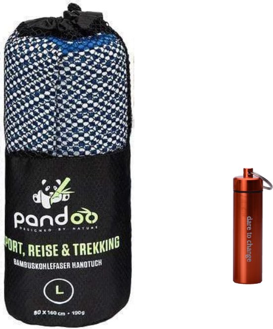 Pandoo Reishanddoek Blauw - Large 160 x 80 cm - Bamboe - Incl. 3 gecomprimeerde handdoekjes bamboe - Sneldrogend - Ultralicht - Comprimeerbare handdoekjes