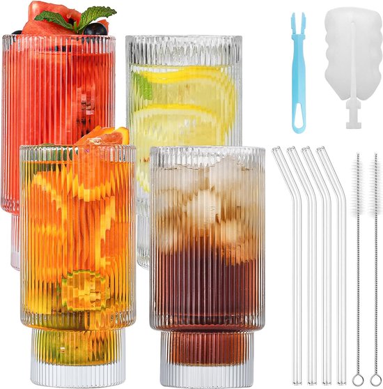 Set van 4 Vintage Geribbelde Glazen Bekers met Rietjes - Esthetische