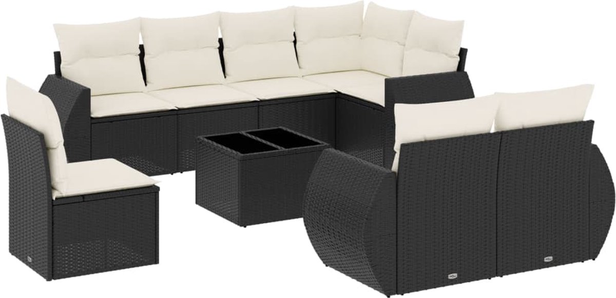 vidaXL 9-delige - Loungeset - met - kussens - poly - rattan - zwart