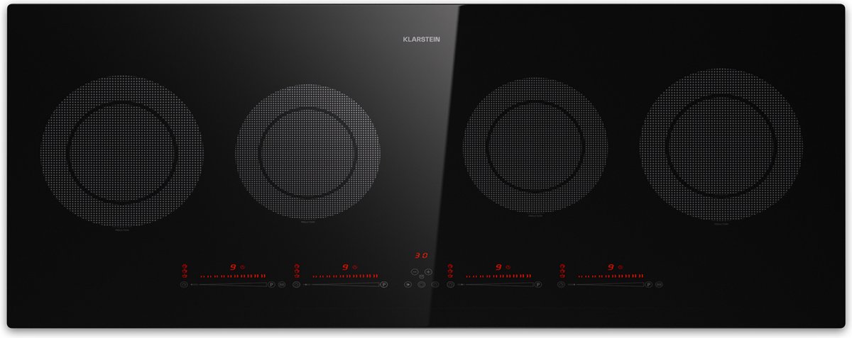 Klarstein Inductiekookplaat Masterzone Slim Round inbouw - 4 Kookzones - ThermoBoost Smart Flex technology - Max. 7200 Watt - Zwart - 76 cm - voor Keuken - Touch Flexzone Kinderslot Pauzefunctie - Aluminium glas - Induction Hob
