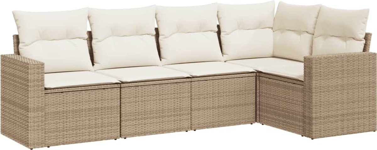 vidaXL 5-delige - Loungeset - met - kussens - poly - rattan - beige