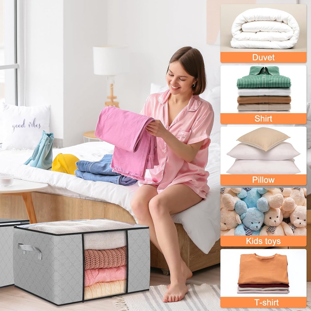 Lot De 4 Grands Sacs De Rangement 90L Avec Couvercle - 69x35x38cm, Pliables Et Transparents