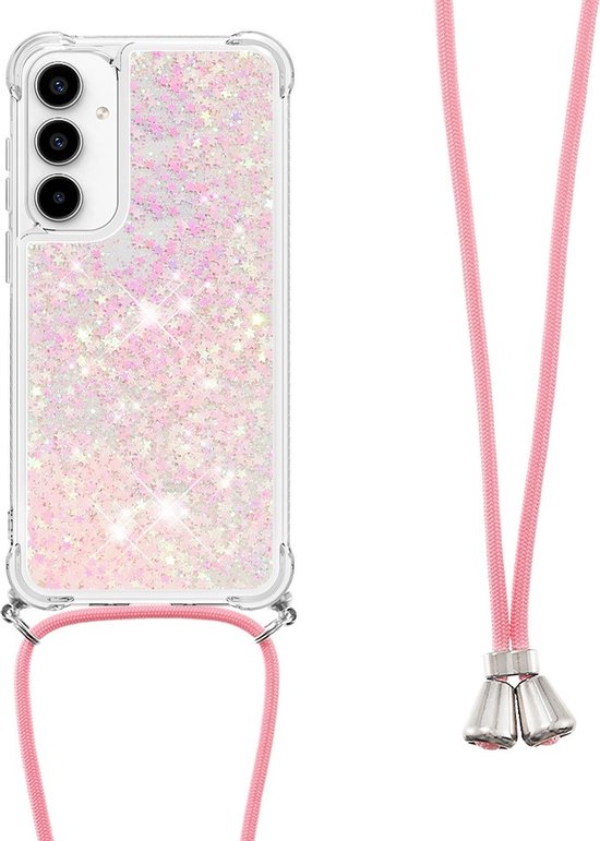 Foto: Coverup hoesje geschikt voor samsung galaxy a55 hoesje coverup liquid glitter back cover met koord pink