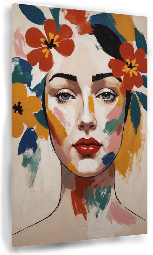 Vrouw met bloemen - Vrouw wanddecoratie - Muurdecoratie bloemen - Muurdecoratie kinderkamer - Schilderij op canvas - Wanddecoratie slaapkamer - 60 x 90 cm 18mm