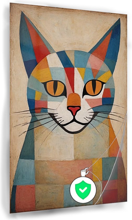 Kat Paul Klee stijl poster - Paul Klee muurdecoratie - Wanddecoratie kat - Muurdecoratie landelijk - Posters slaapkamer - Decoratie kamer - 80 x 120 cm