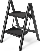 Trapladder, 2 treden, inklapbaar, ladder met breed anti-slip pedaal, opstapkruk met 150 kg capaciteit, zwart