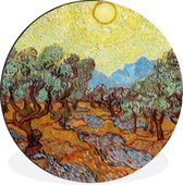 WallCircle - Wandcirkel - Muurcirkel - Olijfbomen met gele hemel en zon - Vincent van Gogh - Aluminium - Dibond - ⌀ 90 cm - Binnen en Buiten