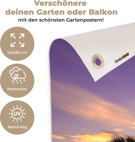 Affiche de jardin - Toile de jardin - Posters de jardin extérieur - Plage - Coucher de soleil - Palmiers - Tropical - 120x80 cm - Jardin