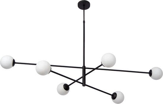 Atmooz - Hanglamp Major - 6 lichtbronnen - 15cm & 12 cm diameter - Zwart Metaal + Wit Opaalglas Bollen - Retro Design & Modern Strak