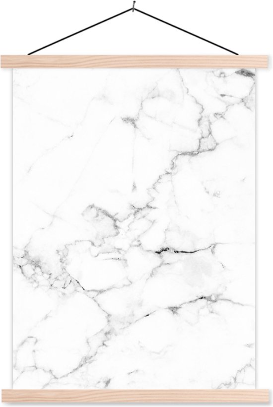 Posterhanger incl. Poster 60x80 cm - Schoolplaat - Marmer - Wit - Grijs - Luxe - Marmerlook - Structuur - Textielposter - Blanke latten