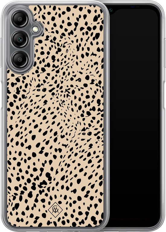 Casimoda® hoesje - Geschikt voor Samsung Galaxy A14 5G - Stippen bruin abstract - 2-in-1 case - Schokbestendig - Gestipt - Verhoogde randen - Bruin/beige, Transparant