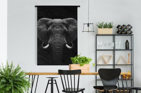 Wandkleed - Wanddoek - Dieren - Olifant - Portret - Zwart - Wit - 120x180 cm - Wandtapijt