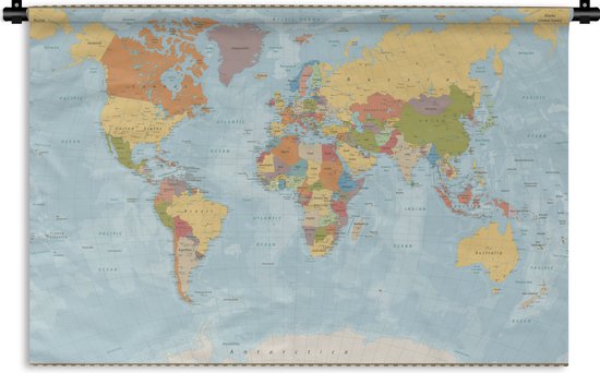 Wandkleed - Wanddoek - Wereldkaart - Kleuren - Atlas - 180x120 cm - Wandtapijt