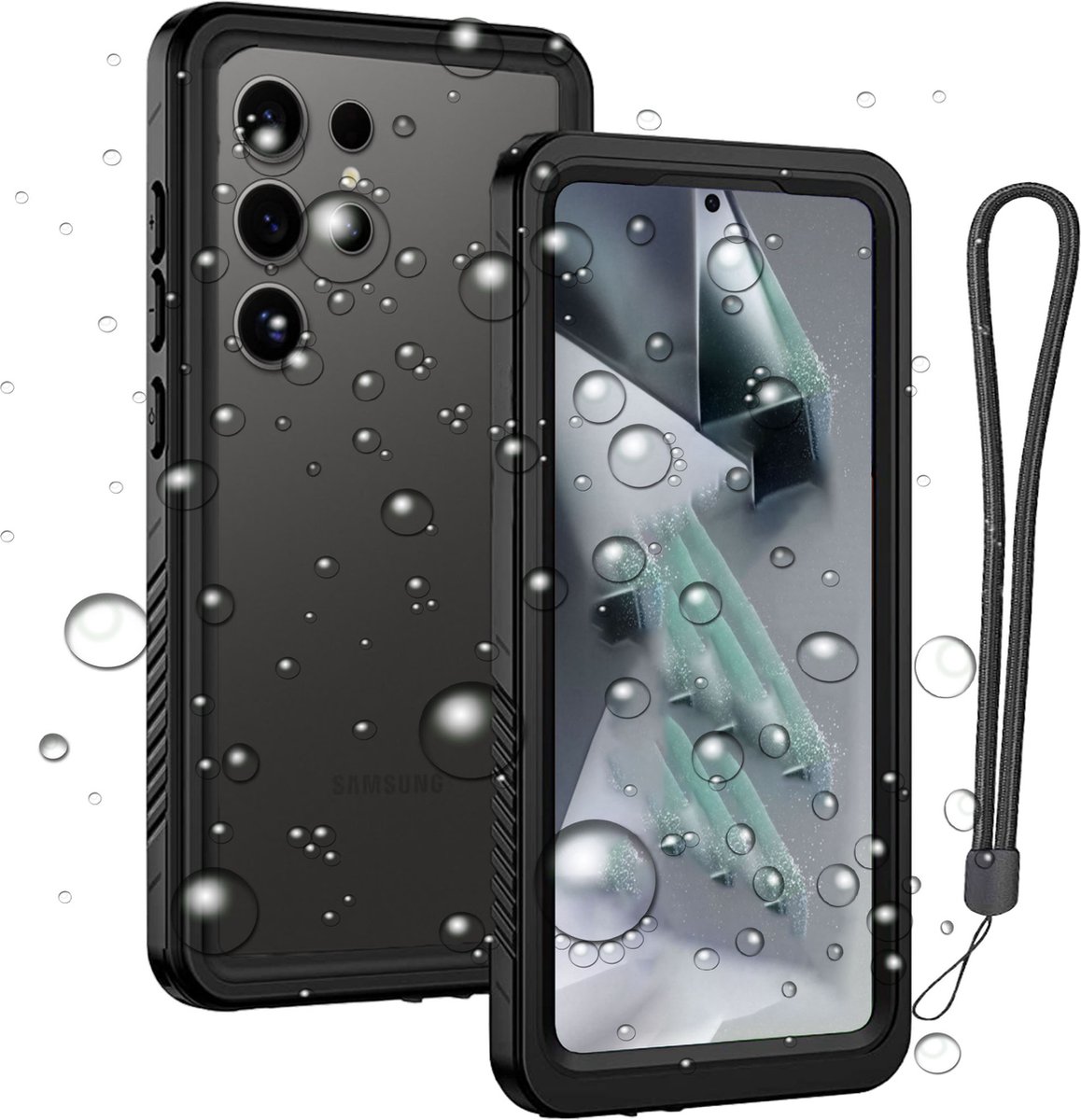 Hoesje geschikt voor Samsung Galaxy S24 Ultra + Screenprotector geschikt voor Samsung Galaxy S24 Ultra - Waterdicht Telefoonhoesje - iP68 - Waterproof - Koord