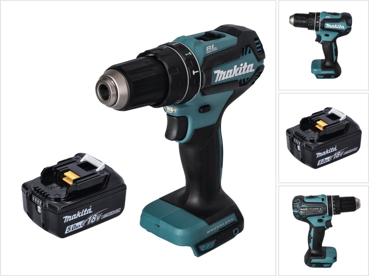 Makita DHP 485 T1 accu klopboormachine 18 V 50 Nm borstelloos + 1x oplaadbare accu 5.0 Ah zonder oplader