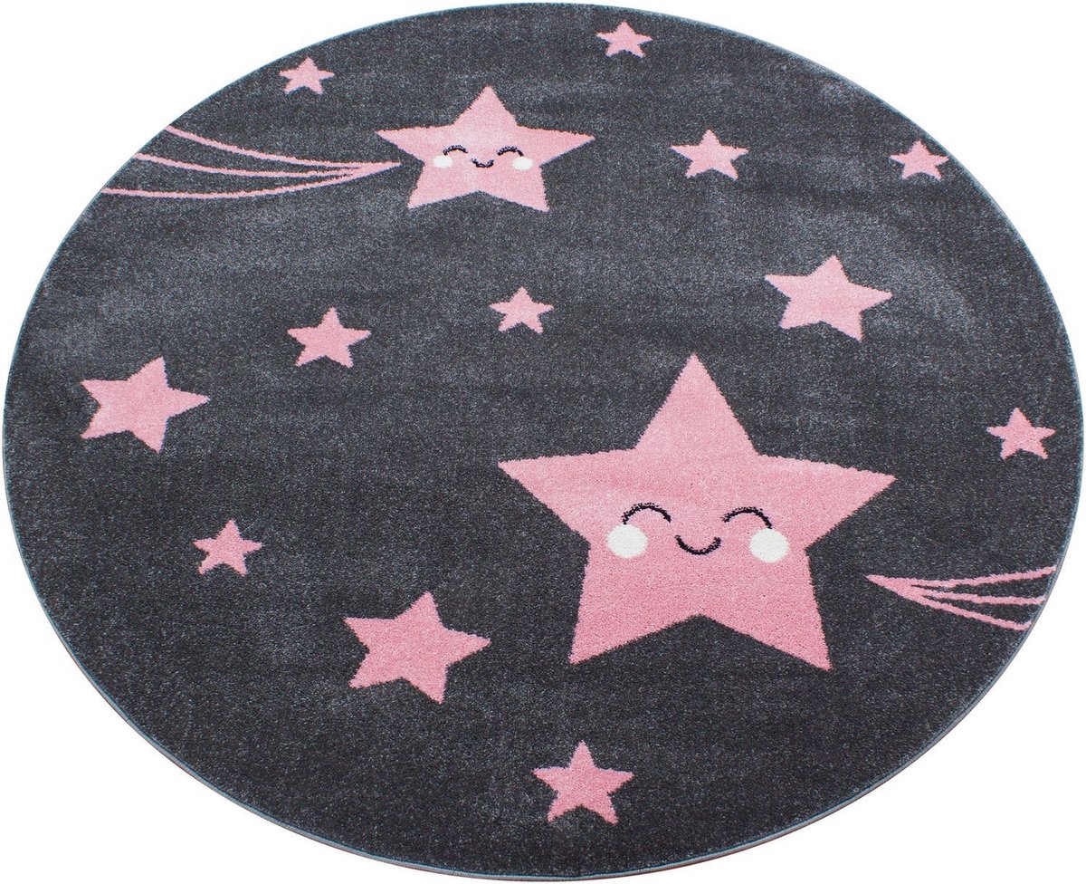 flycarpets Flycarpets - Kids Kinderkamer Sterren Roze Vloerkleed Rond - 120x120 cm Grijs