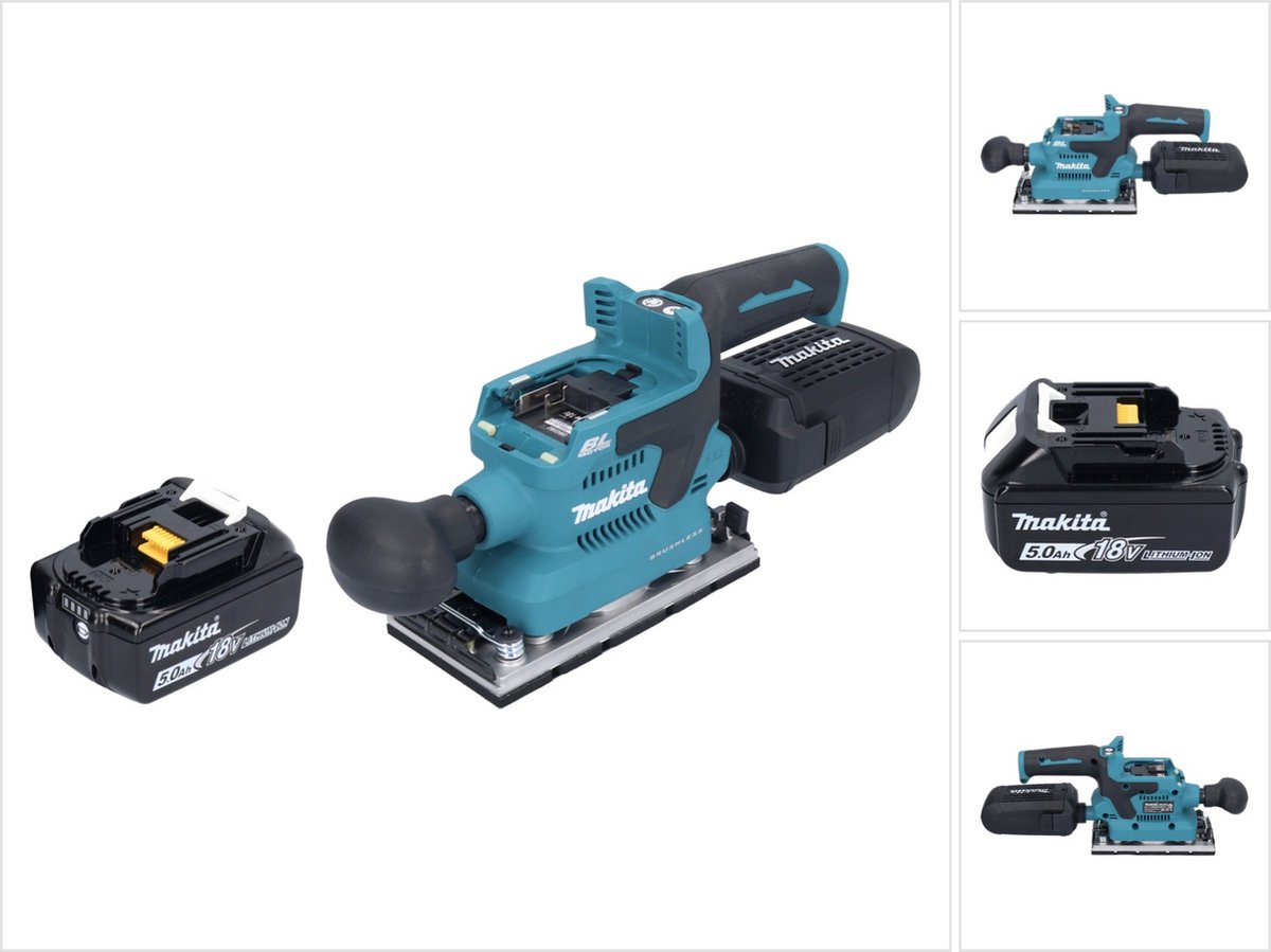 Makita DBO 382 T1 accu vlakschuurmachine 18 V 93 x 185 mm borstelloos + 1x accu 5.0 Ah zonder lader