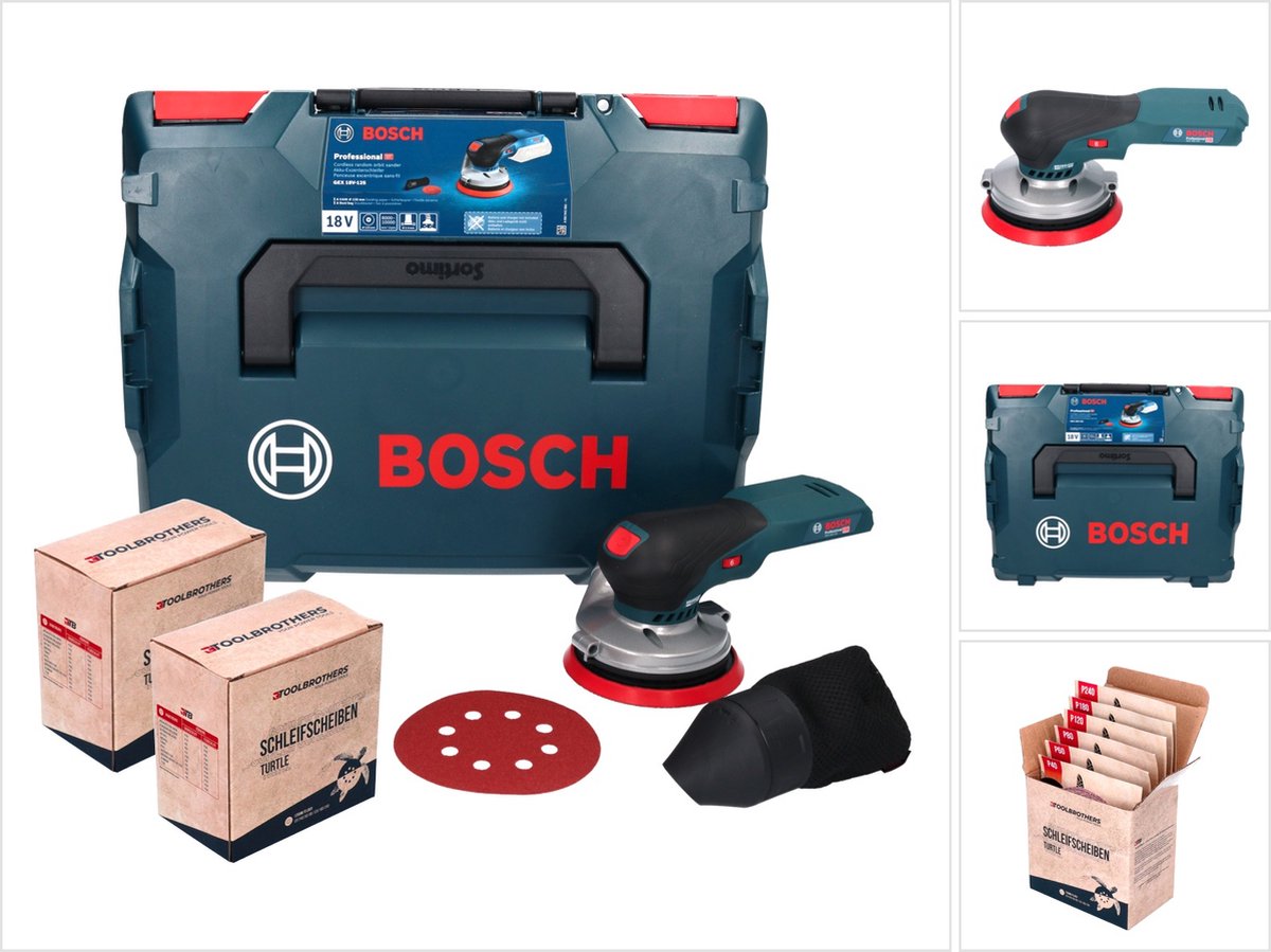 Bosch GEX 18V-125 Professional accu-excentrische schuurmachine 18 V 125 mm borstelloos + 2x Toolbrothers TURTLE schuurset + L-BOXX - zonder accu, zonder lader