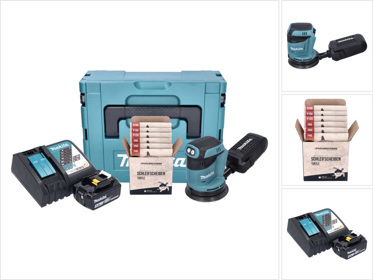 Makita DBO 180 RT1J accu excentrische schuurmachine 18 V 125 mm + 1x accu 5,0 Ah + oplader + Toolbrothers TURTLE schuurset + Makpac