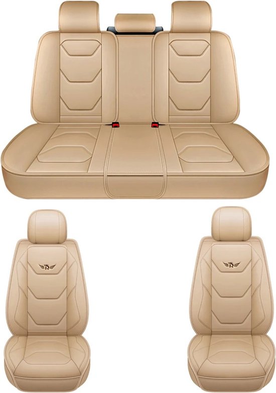 Mima® Autostoelhoes - Universeel - Luxe Stoelhoes Voor Auto - Autostoel Beschermhoes - Stoel Cover - PU Leer - Beige- 1 Stuks- Complete set Auto