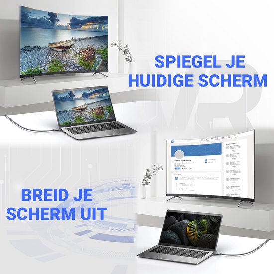 Een gebogen tv met een schilderachtig landschap en een laptop, verbonden met een HDMI-kabel. Tekst: SPIEGEL JE HUIDIGE SCHERM.