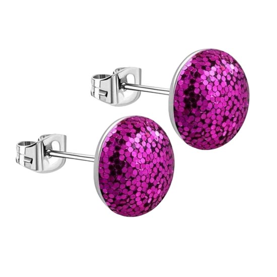 Aramat Jewels - Glitter oorstekers - Fel roze staal - 8mm - Een sprankelende en opvallende keuze - Geschikt voor dames - RVS - Cadeau tip - Feestdagen