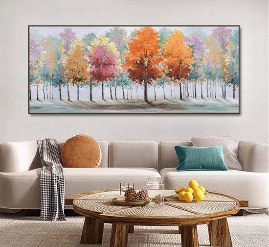 Allernieuwste.nl® Peinture sur toile Arbres abstraits avec des feuilles colorées - L'art sur votre mur - 50 x 120 cm - couleur