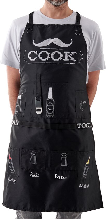 BRAMBLE - Tablier amusant pour hommes, tablier de barbecue avec capuche, 7 poches et décapsuleur attachés - Cadeau Uniek pour Noël, anniversaires et Vaderdag