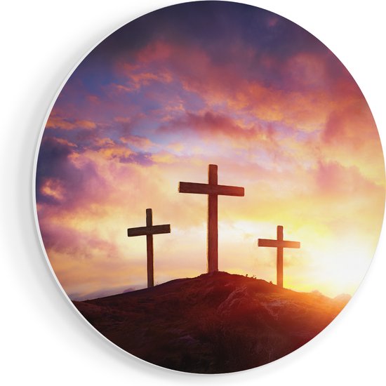 Artaza Forex Muurcirkel Kruisiging van Jezus Christus - Drie Kruisen - 60x60 cm - Wandbord - Wandcirkel - Rond Schilderij - Wanddecoratie Cirkel