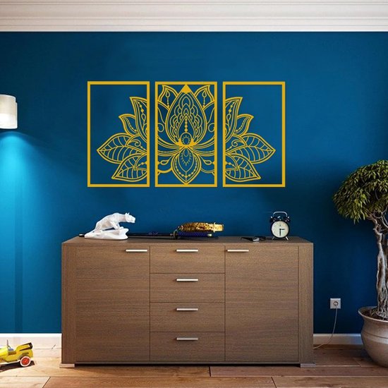 Grote lotusbloem metalen wanddecoratie 3-delige set, religie geloof mandala woondecoratie voor woonkamer, werkkamer, kantoor en yogaruimte