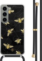 Casimoda® hoesje met zwart koord - Geschikt voor Samsung S23 - Bee Happy - Afneembaar koord - TPU/polycarbonaat - Zwart