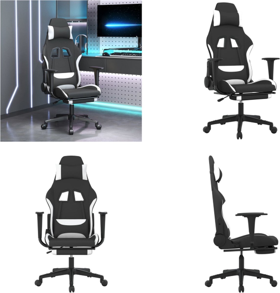 vidaXL Gamestoel met voetensteun stof zwart en wit - Gamingstoel - Gamingstoelen - Televisiestoel - Racingstoel