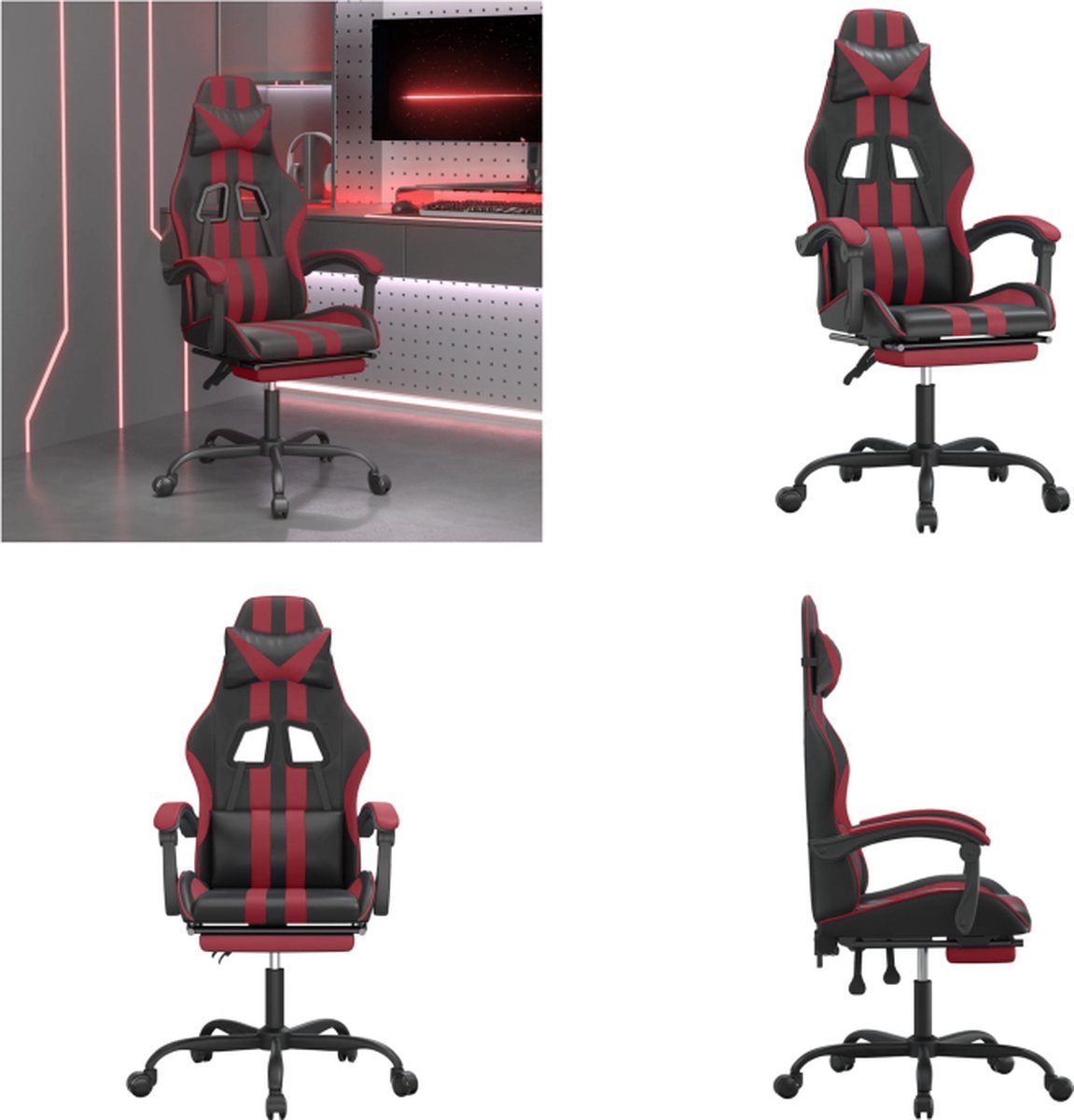 vidaXL Gamestoel draaibaar met voetensteun kunstleer zwart en wijnrood - Gamingstoel - Gamingstoelen - Televisiestoel - Racingstoel